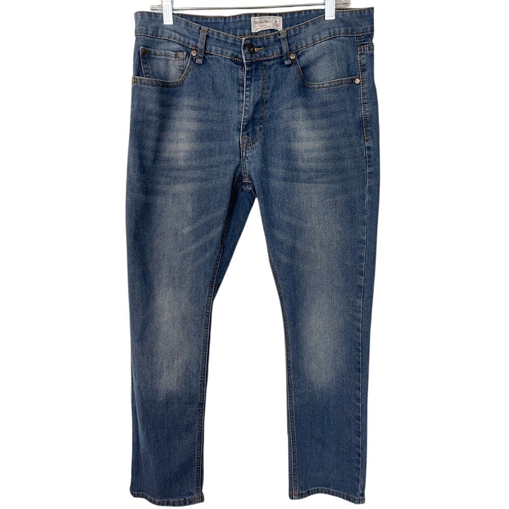 Smith & Mills Denim Mens 34x30 Medium Wash Stretch Slim Straight Jeans